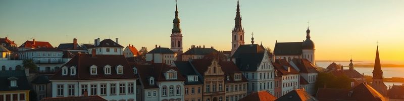 Altstadt-Silhouette einer baltischen Hauptstadt bei Sonnenuntergang, Kirchtürme und Ziegeldächer im warmen Licht