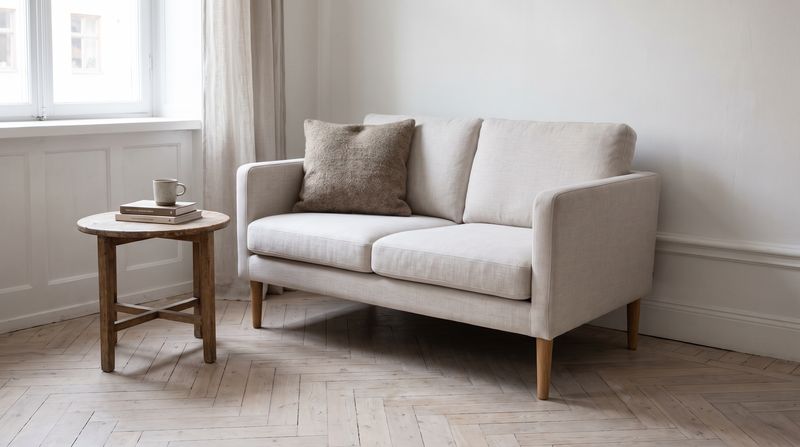 Zweisitzer-Sofa auf schlanken Holzfüßen vor hellem Fenster, kleiner Beistelltisch mit Büchern und Tasse, Fischgrätparkett