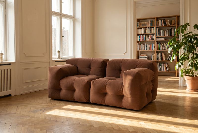 Modulsofa NOT A SOFA in Braun mit kissenartig gepolsterten Segmenten in einem Altbauzimmer mit Bücherregal