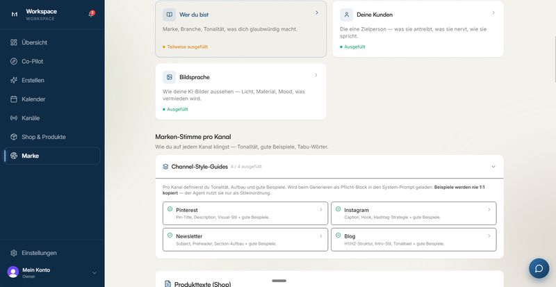 Screenshot der Marken-Uebersicht in Mateeria mit den Karten Wer du bist, Deine Kunden und Bildsprache sowie den Channel-Style-Guides fuer Pinterest, Instagram, Newsletter und Blog