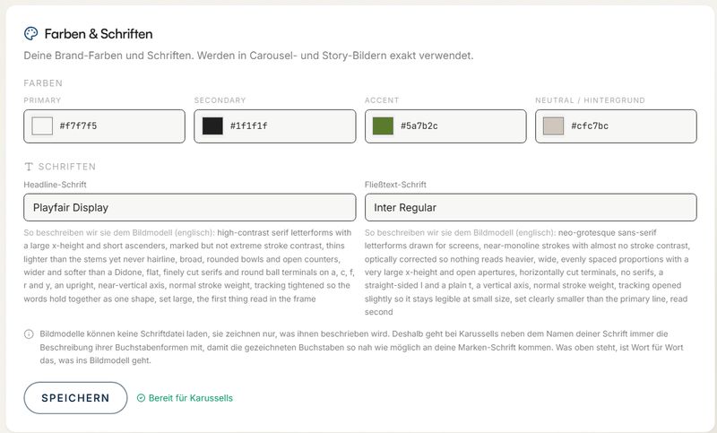 Screenshot der Einstellungen fuer Farben und Schriften in Mateeria mit vier Marken-Farben als Hex-Code und den gewaehlten Schriften fuer Headline und Fliesstext