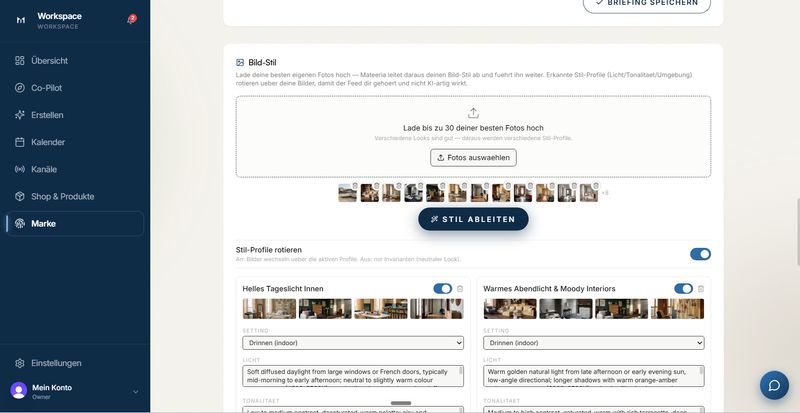Screenshot der Bildstil-Einstellungen in Mateeria: Upload-Feld fuer bis zu 30 eigene Fotos und zwei erkannte Stil-Profile mit Angaben zu Setting, Licht und Tonalitaet