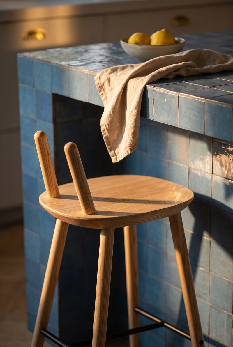 Barhocker aus hellem Holz vor einer Kuechentheke mit blauen Zellige-Fliesen, Leinentuch und Schale mit Zitronen