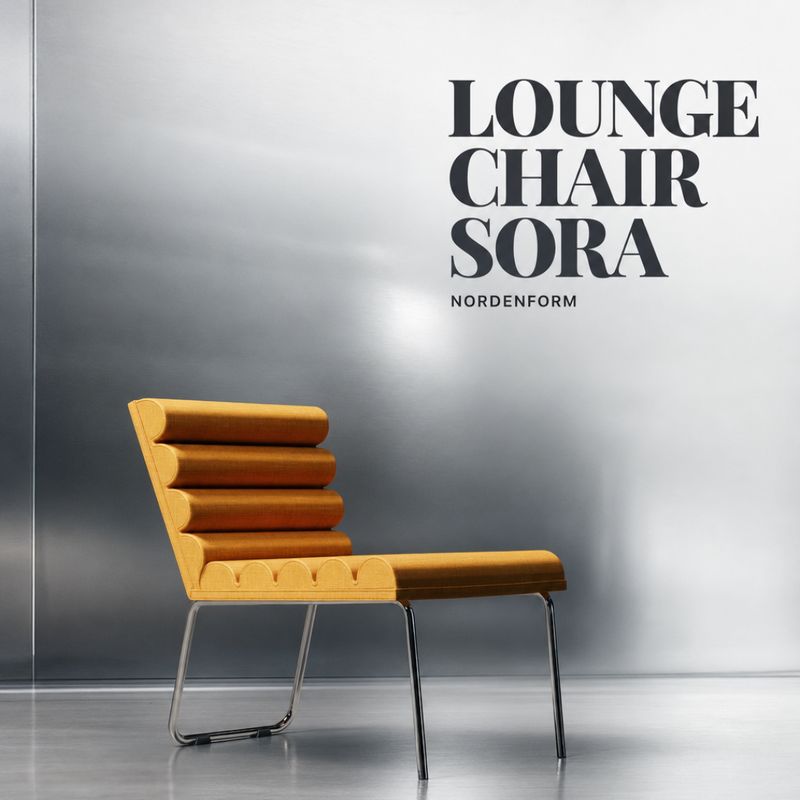 Anzeigenmotiv mit dem Titel Lounge Chair Sora und einem gelben Loungesessel vor einer Metallwand