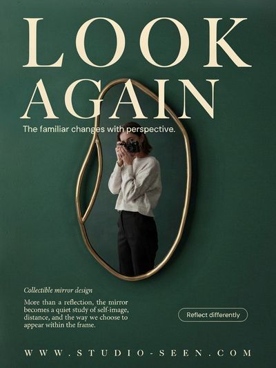 Grafik mit dem Titel Look Again auf dunkelgruenem Grund: ovaler Wandspiegel mit goldenem Rahmen, darin eine fotografierende Person