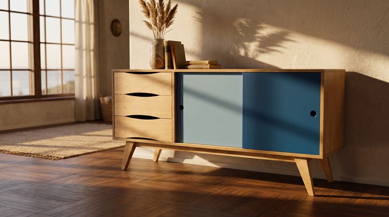 Sideboard aus hellem Holz mit blauen Schiebetueren vor einem Fenster, Holzdielen und Jute-Teppich