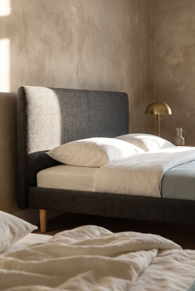 Doppelbett mit anthrazitfarbenem Polsterkopfteil, weisse Leinenbettwaesche, Messinglampe vor Lehmputzwand