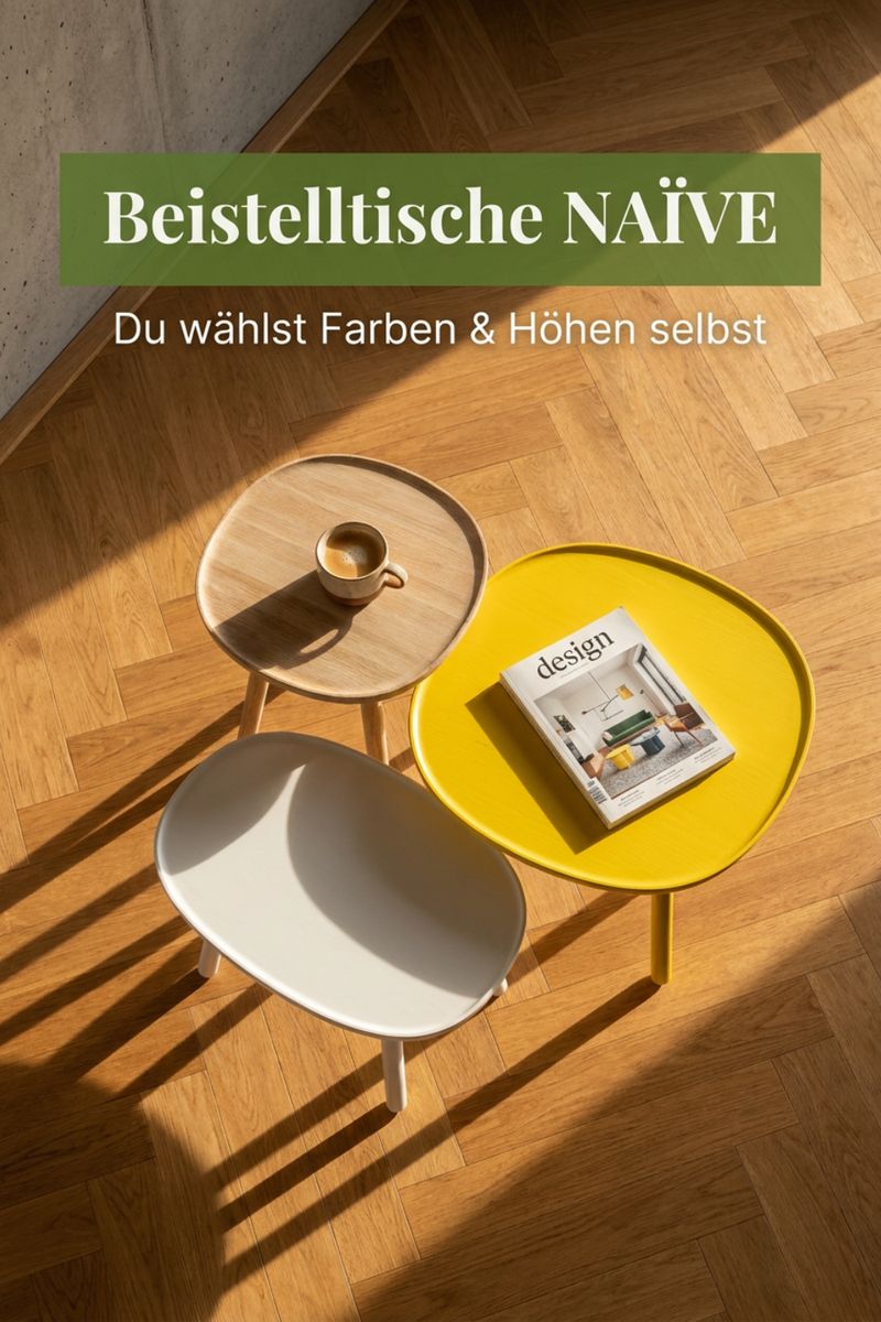 Instagram-Folie „Beistelltische NAÏVE, du wählst Farben und Höhen selbst“, drei runde Beistelltische in Holz, Weiß und Gelb