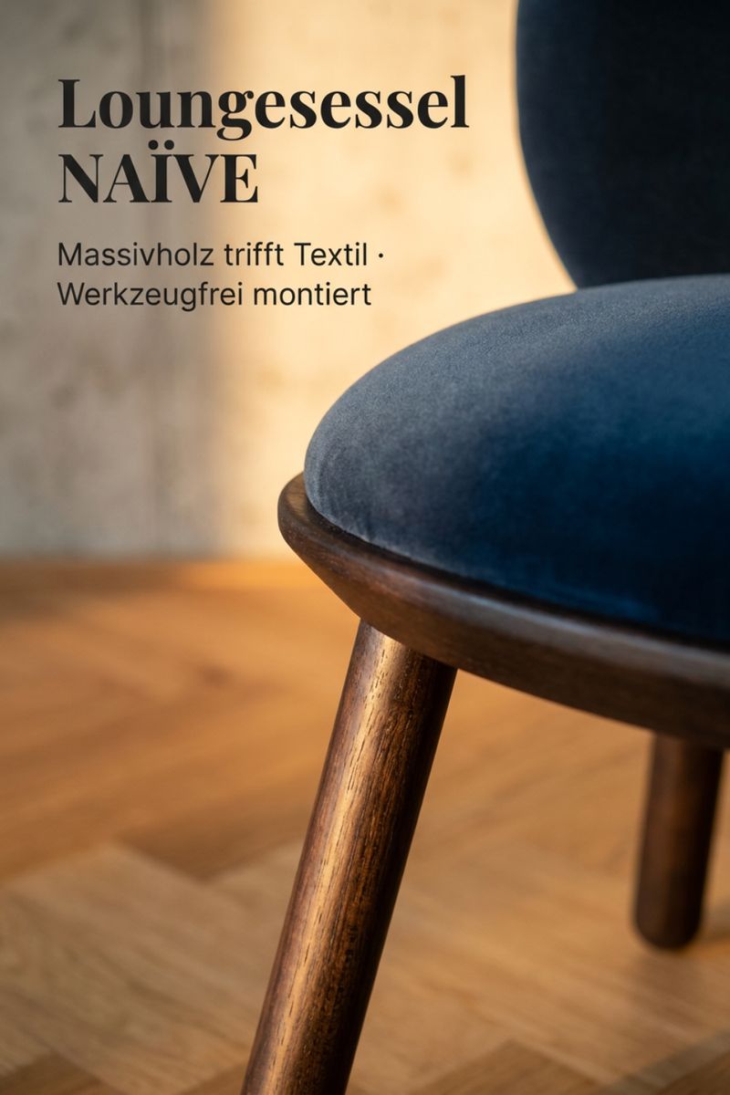 Instagram-Folie „Loungesessel NAÏVE, Massivholz trifft Textil, werkzeugfrei montiert“, Nahaufnahme der blauen Samtpolsterung
