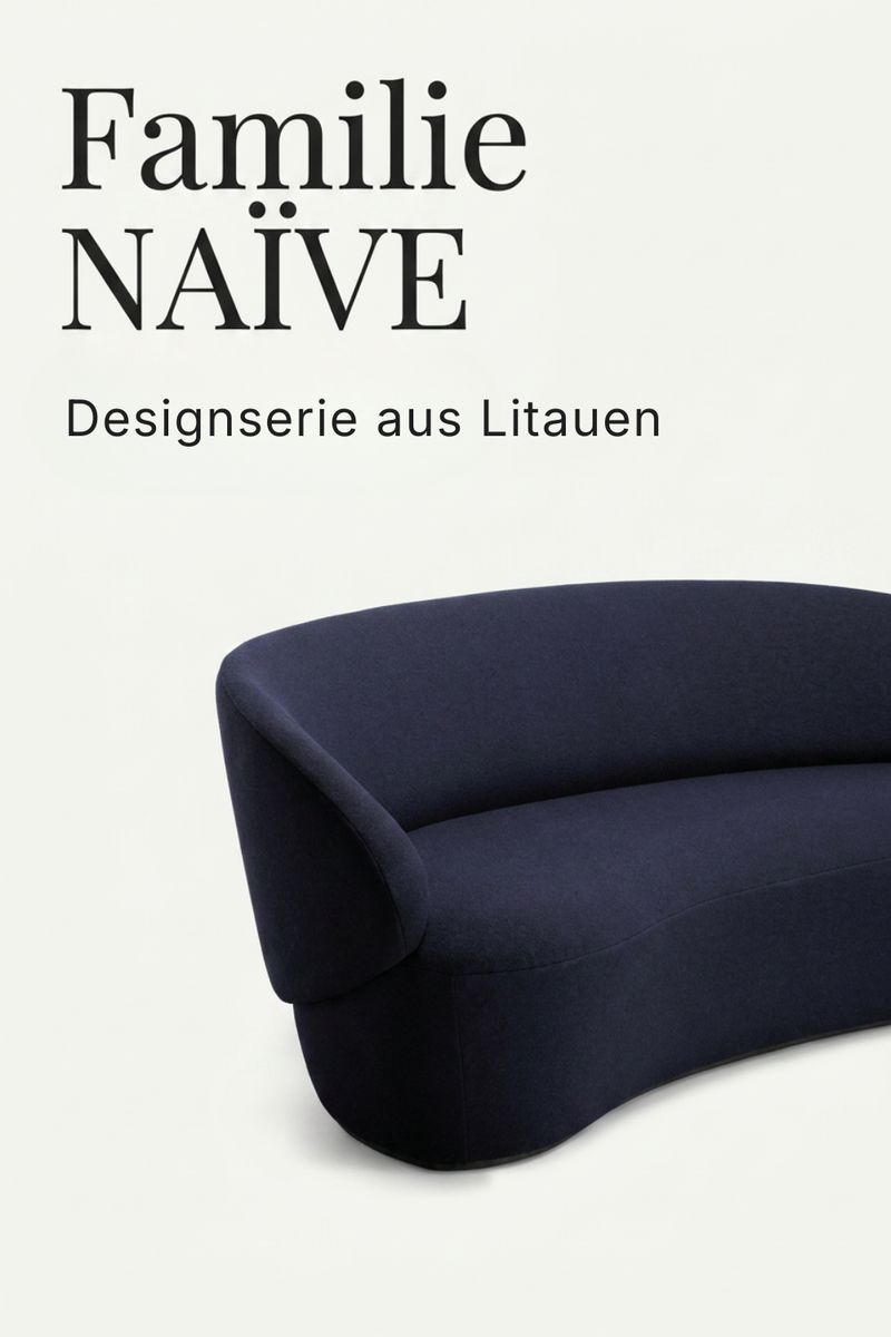 Instagram-Karussell-Titelfolie „Familie NAÏVE, Designserie aus Litauen“, dunkelblaues geschwungenes Sofa vor hellem Hintergrund