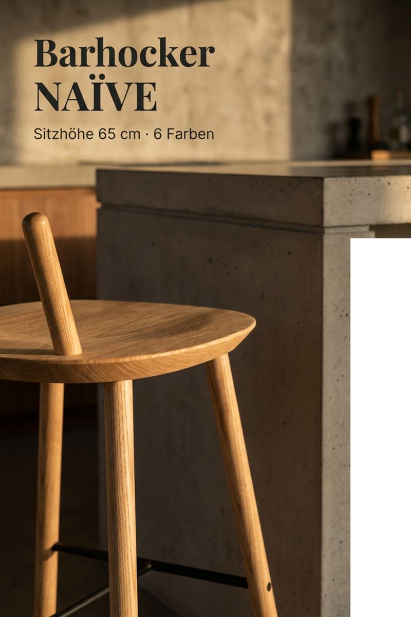 Instagram-Folie „Barhocker NAÏVE, Sitzhöhe 65 cm, 6 Farben“, Nahaufnahme eines Holz-Barhockers vor einer Betonküche