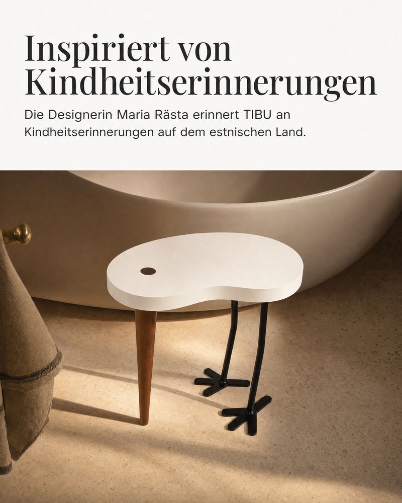 Instagram-Folie „Inspiriert von Kindheitserinnerungen“, TIBU in Weiß neben einer freistehenden Badewanne