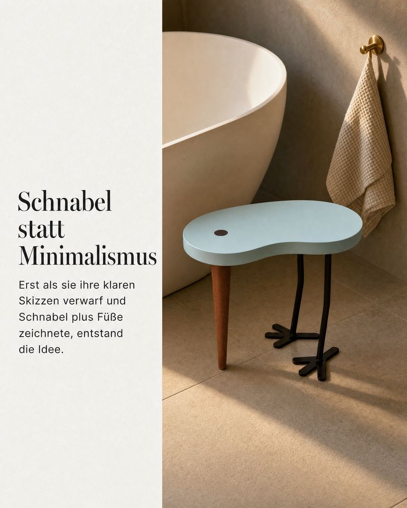 Instagram-Folie „Schnabel statt Minimalismus“, TIBU in Hellblau neben einer freistehenden Badewanne mit Handtuch