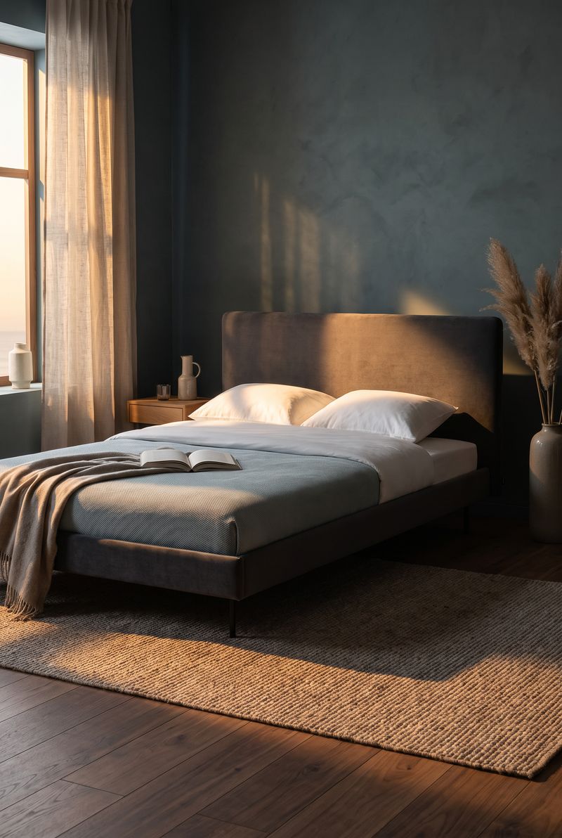 Gemütliches Schlafzimmer in der Abenddämmerung mit gepolstertem Bett, heller Bettwäsche und Blick aufs Meer