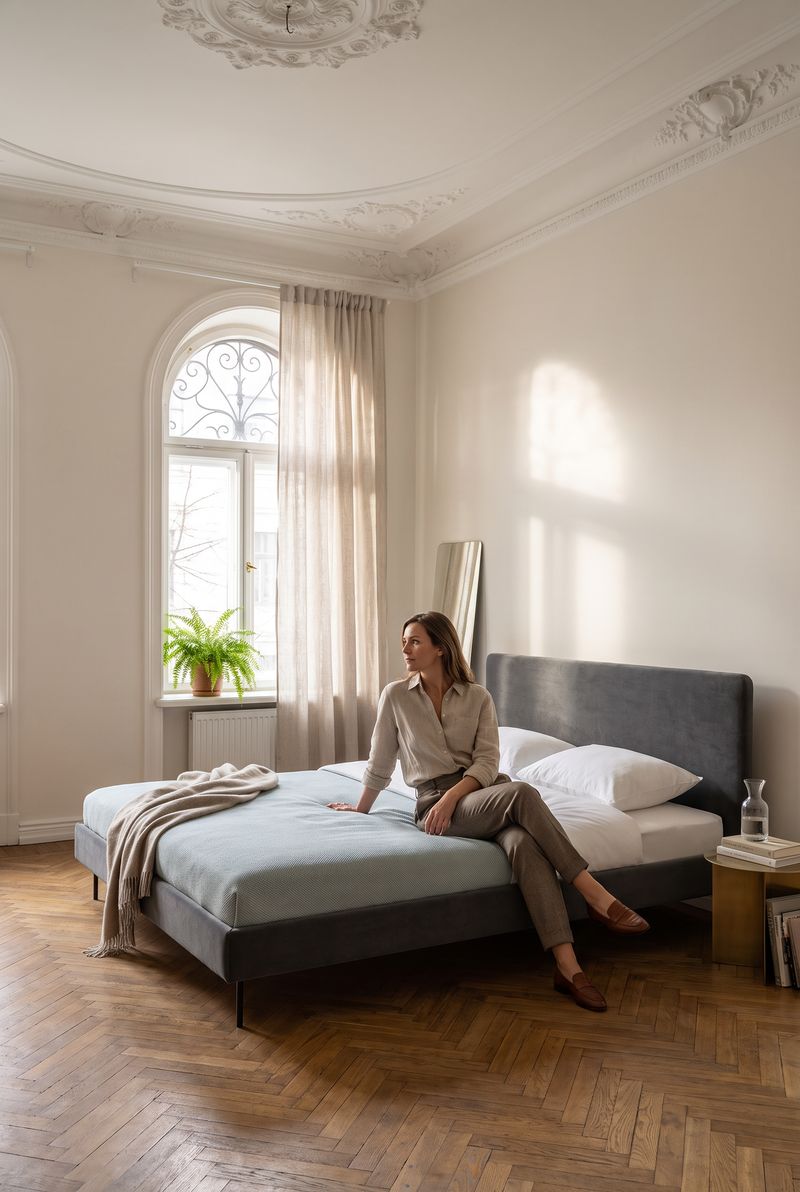 Schlafzimmer mit Altbau-Stuck: Bett mit anthrazitfarbenem Samtkopfteil, Frau sitzt auf der Bettkante, Spiegel und Messing-Nachttisch