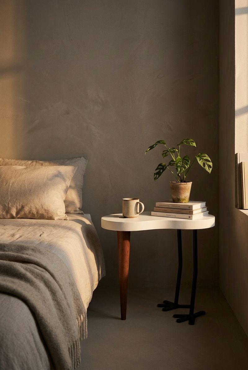 Nierenförmiger Nachttisch TIBU mit Holzbein und schwarzen Vogelfuß-Metallbeinen neben einem Bett, Monstera, Keramiktasse und Bücher darauf, warmes Abendlicht