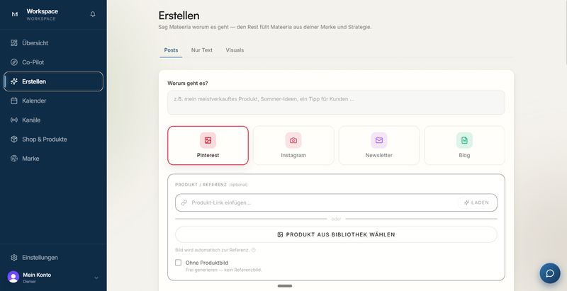 Screenshot des Erstellen-Bildschirms mit den vier Kanälen Pinterest, Instagram, Newsletter und Blog zur Auswahl