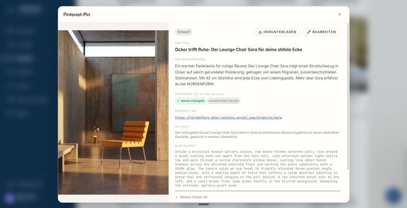 Screenshot eines fertig generierten Pinterest-Pins mit Titel, Beschreibung, Keywords und Alt-Text
